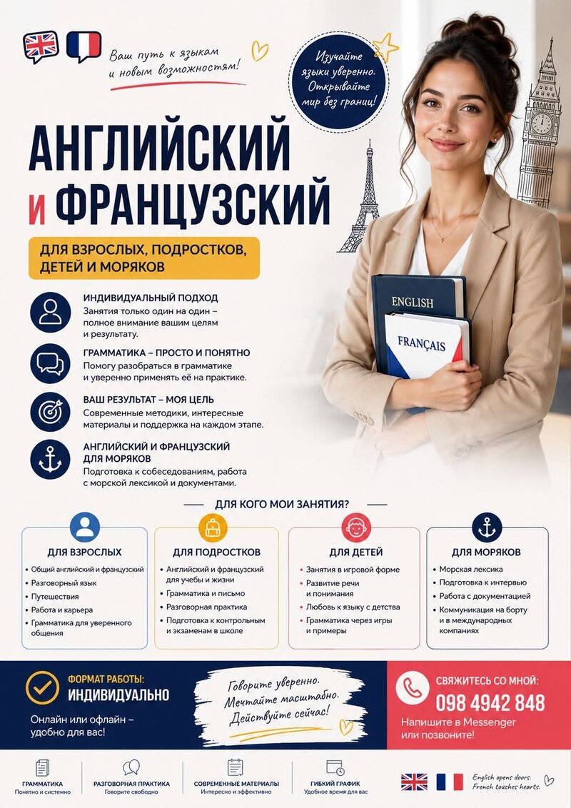 Английский и французский для взрослых, подростков, детей и моряков